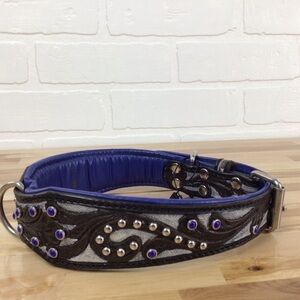 Madcow genuine leather contemporary dog collar handmade black cobalt blue silver